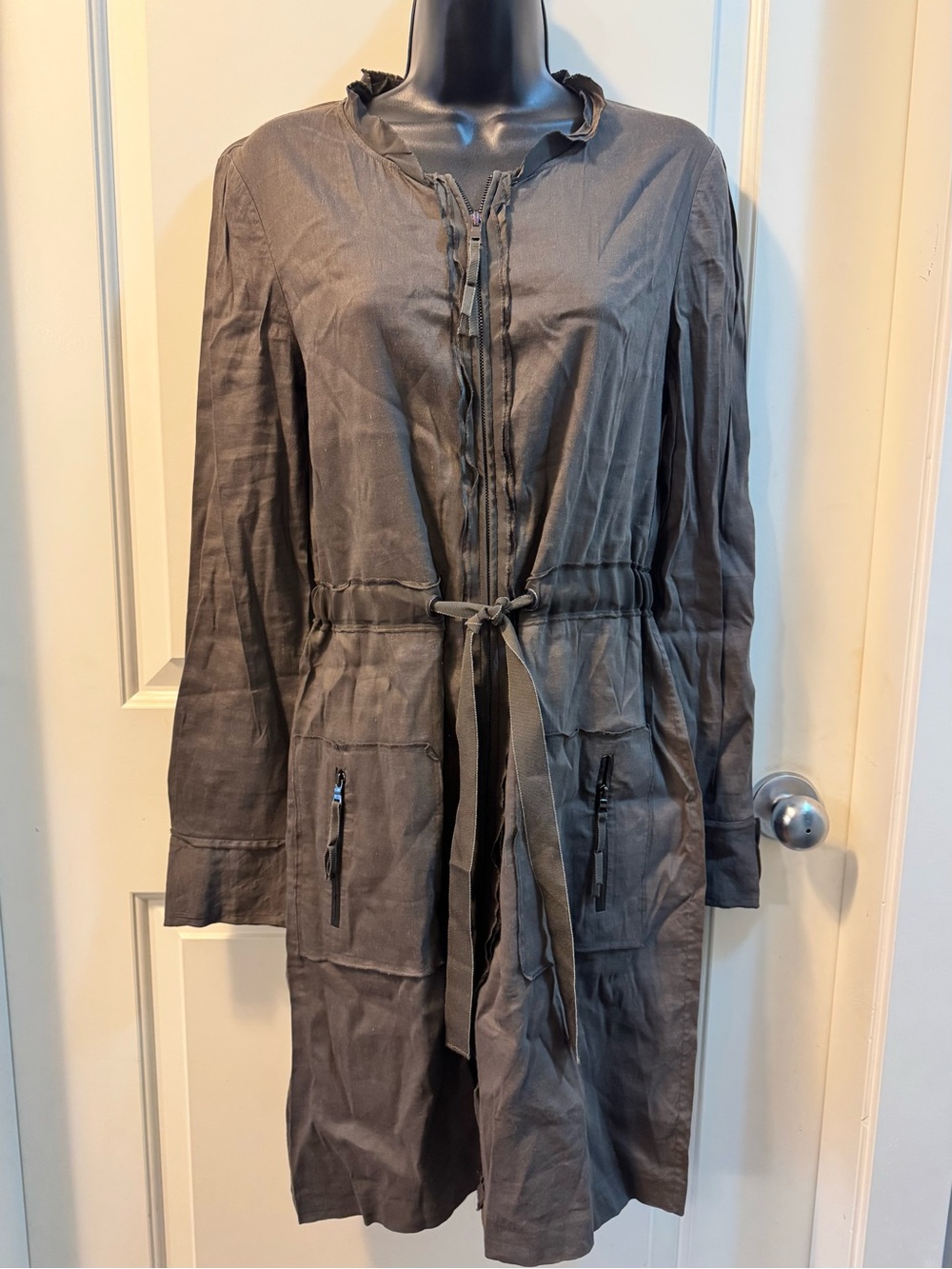 Elie Tahari Dark Olive Green Linen Blend Zip Utility Dress Trench Style Size 8 - Picture 8 of 13